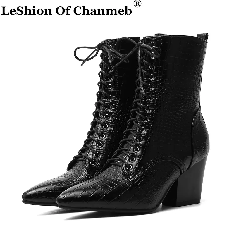 

2020 New Fashin Block Chunky Heeled Pointed Toe Lace up Ankle Boots for Women Snakeskin Autumn Shoes PU Leather Winte Booties 43