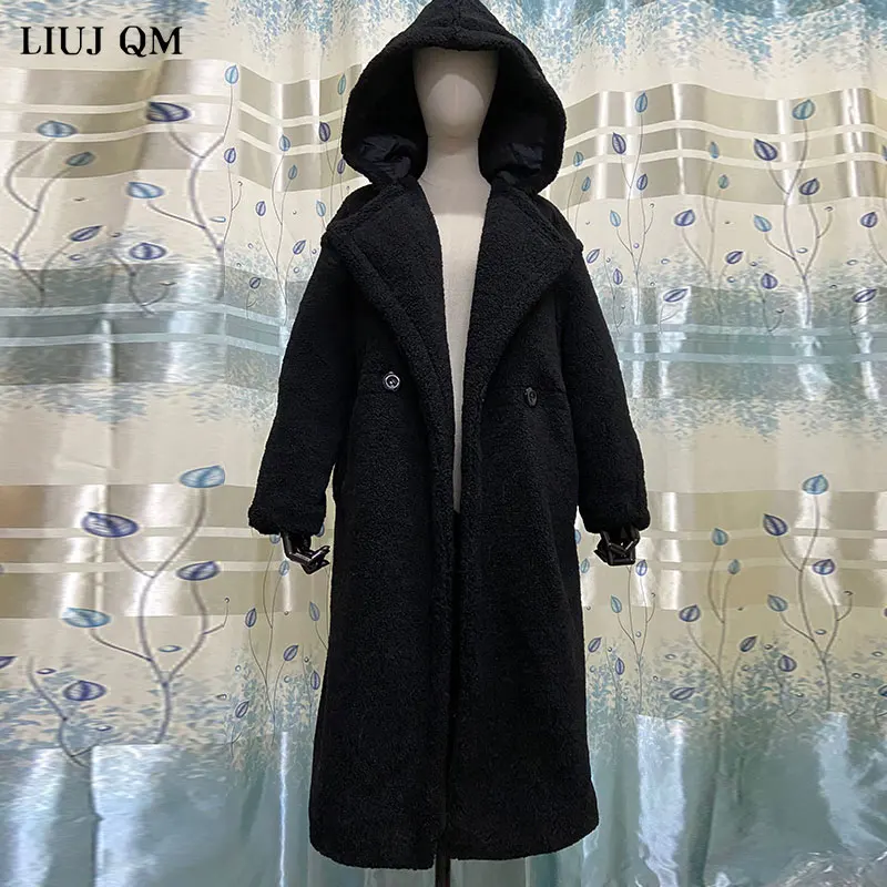 longo casaco de urso de pelúcia feminino parkas inverno quente oversized jaqueta com capuz chunky outerwear casaco feminino falso lambswool casacos de pele