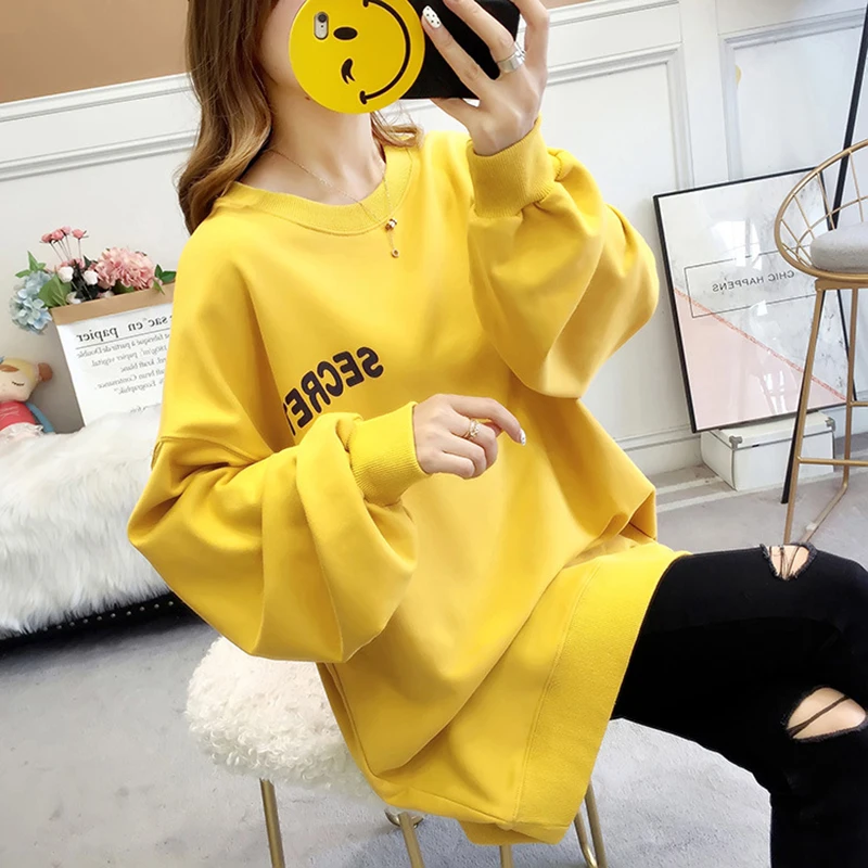 

2019 European and American Women's Autumn New Trend Loose Hooded Sweatshirt Long-sleeved Thin Round Neck T-shirt Bottoming Shirt