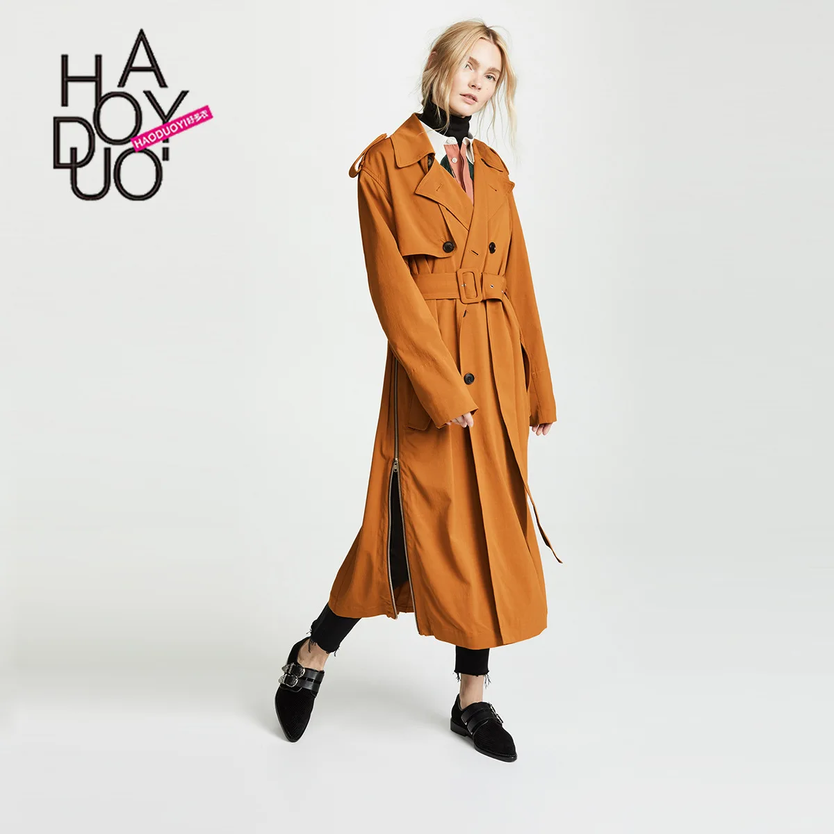 

Hot Sales-Temperment Double Breasted Side Zipper Epaulet Design Large V Neck Belt Long Trench Coat