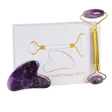 Нефритовый ролик Gua Sha набор натуральный аметист камень массажер для лица Фиолетовый Нефритовый ролик массаж скребком гуаша инструмент для массажа лица с коробкой