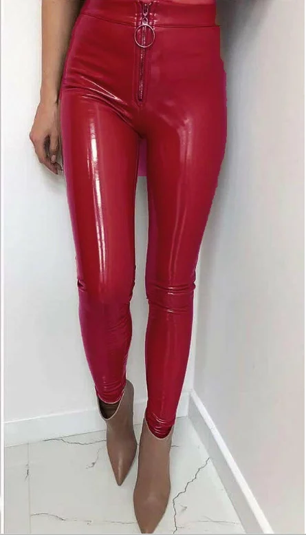 Новинка, весенние блестящие штаны из искусственной кожи с металлическим кольцом на молнии, обтягивающие штаны, женские штаны - Цвет: Красный