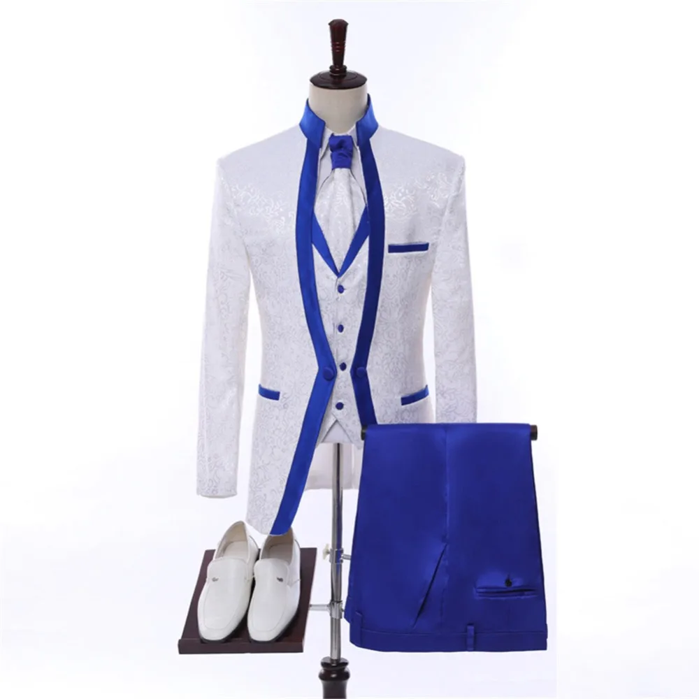 

White Royal Blue Rim Stage Clothing For Men Suit Set Mens Wedding Slim Fitted Costume Groom Tuxedo Formal (Jacket+Pant+Vest+Tie)