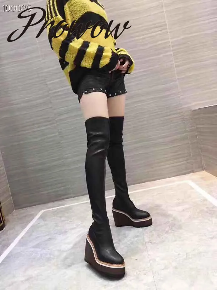 

Prowow New Branded Designer Genuine Leather Over The Knee HIgh Thigh High Boots Round Toe HIgh Heel Wedges Boots Shoes Women