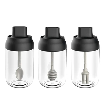 

3PCS One-piece Pot Portable Seasoning Bottle Glass Condiment Storage Container Oil Brush Bottle Honey Jar Set for Store