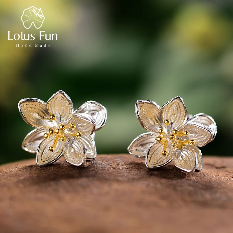 Lotus Fun-Pendientes de plata de primera ley con forma de flor para mujer, aretes pequeños, plata esterlina 925, diseño creativo, natural, hecho a mano
