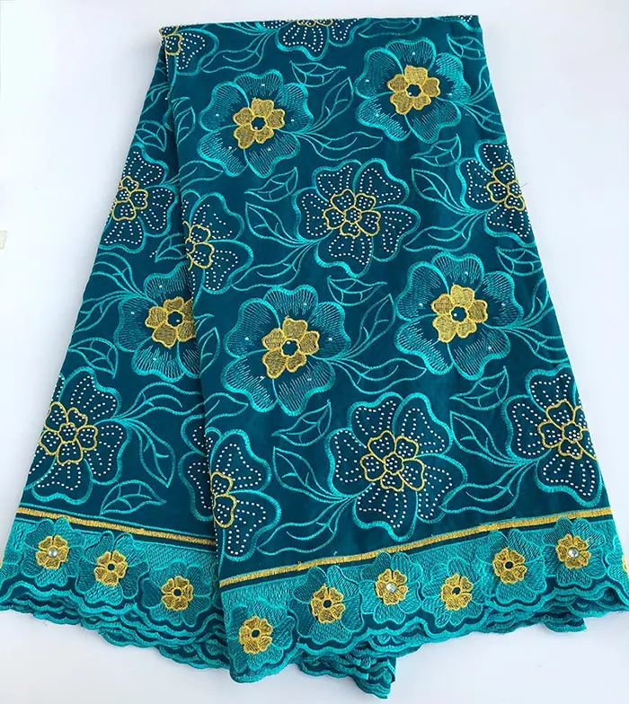 5 ярдов мягкая африканская швейцарская вуаль кружевная ткань в нигерийском стиле Гана швейная одежда с камнями высокого качества - Цвет: Teal Yellow