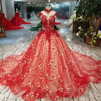 

BGW 22616ht Red Bridal Wedding Party Dresses High Neck Cap Sleeves Evening Dresses Long Celebration Party Dresses 2020 Ball Gown