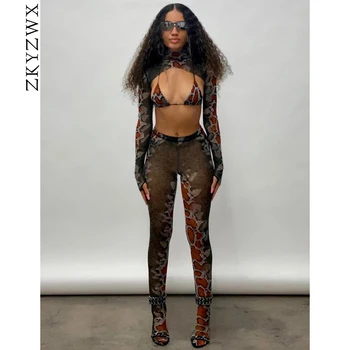 

ZKYZWX Sexy Snake Print 3 Piece Set Summer Clothes for Women Crop Top Bra Leggings with Socks Matching Sets Fashion Club Outfits