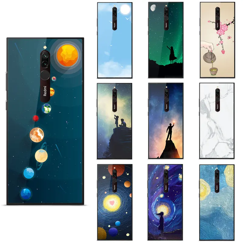 

Case For RedMi 8A 8 7A Y3 6 Pro 6A 6 5 Plus Luxury Painted pattern Mirror high quality Tempered glass shockproof Back Cover