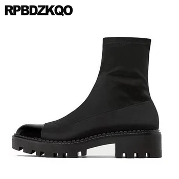 

sock autumn women ankle boots medium heel winter chunky fur european high quality round toe stretch black shoes short fall block