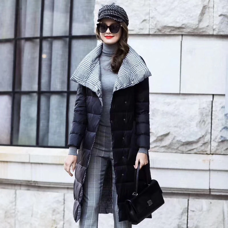 Double Sided Women's Down Jacket Long Winter Turtleneck White Duck Down Coat Female Double Breasted Plus size Warm Plaid Parkas