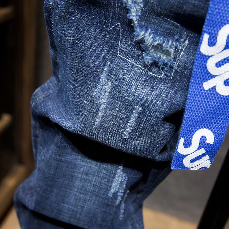 Осенне-зимние мужские синие джинсы длинные рваные узкие брюки-карандаш с Поясом Стрейч модные джинсовые брюки уличная одежда большого размера