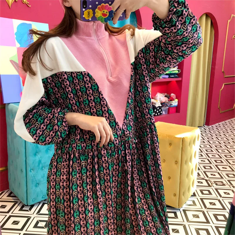 

INS KOREAN STYLE CHIC DESIGN STAND COLLAR ZIPPER HIGH WAIST PATCHWORK SWEET DRESSS FOR LADIES 2020 ELEGANT DRESS FOR LAIDES