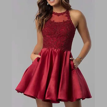 

BGW HT3266 Wine Red Satin Short Cocktail Dresses Sleeveless Backless Mini Gown Appliqued Robe Coktail Femme Longue 2020