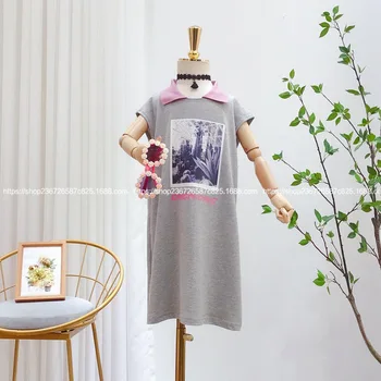 

Girls T-shirt dress 2020 summer new foreign style small lapel printed stitching girl short-sleeved dress tide