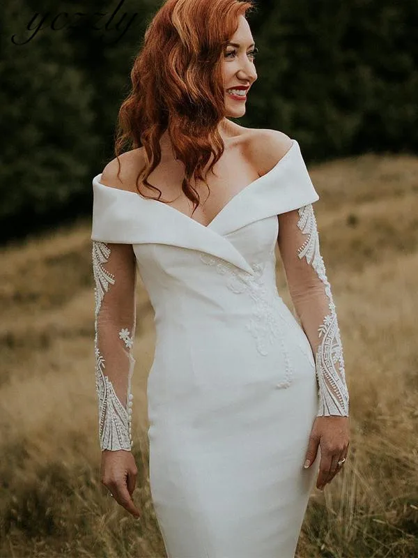 Vestido Noiva, модное свадебное платье с открытыми плечами, Русалка,, длинный рукав, аппликация, мягкий атлас, свадебное платье с пуговицами, W183