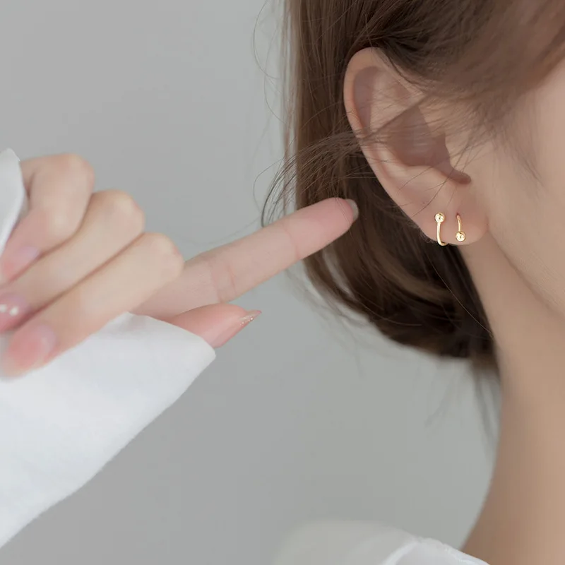 LKO 925 Sterling Silver Round Bead Ear Bone Ear Buckle Rotating Wave Mini Stud Earrings for Women Personality Jewelrry Ornaments - Image 5