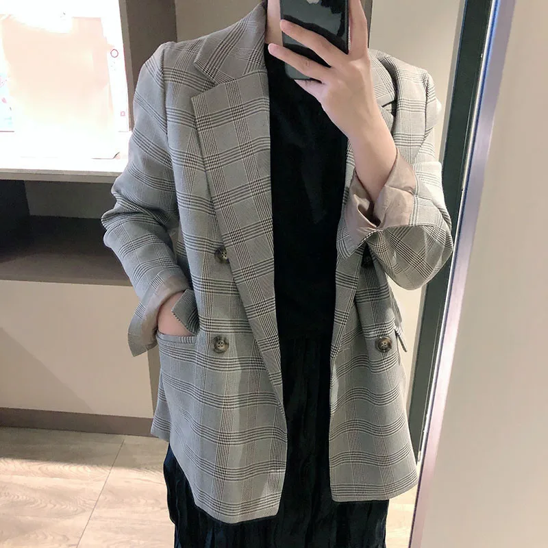 

South Korea Retro Plaid Small Suit WOMEN'S Coat Korean-style 2019 Spring New Style Casual Slim Fit Slimming Suit 6003
