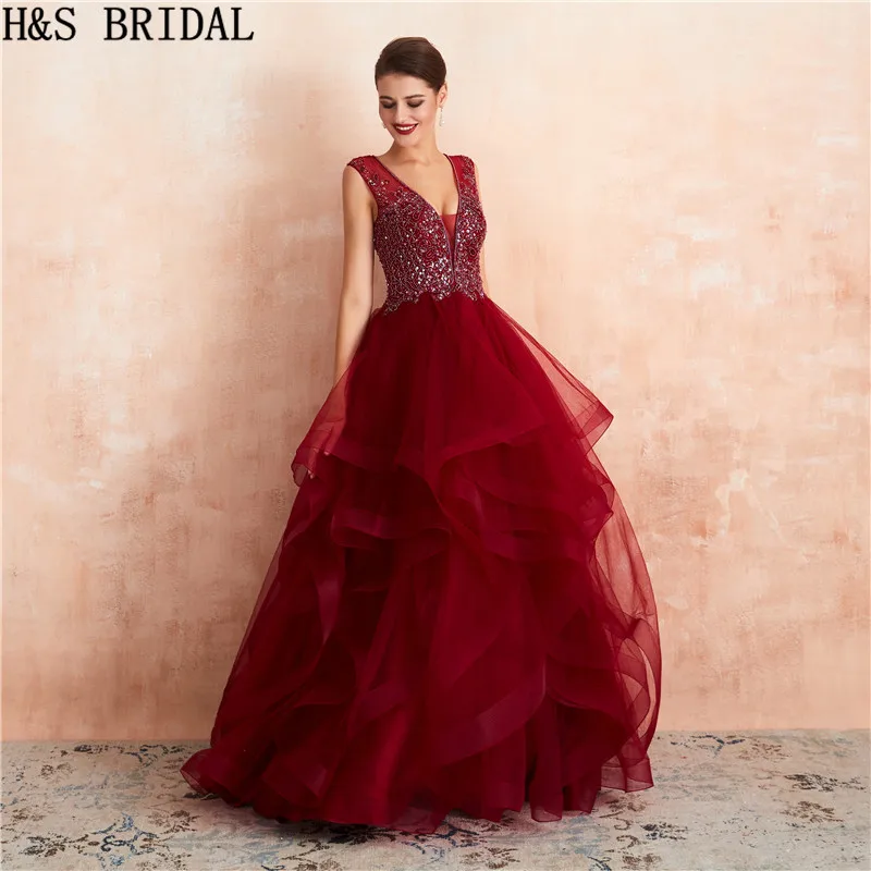 H& S свадебная диадема платья бальное платье vestidos De 15 Anos для девочек красная юбка с оборками Блестки из бисера Вечерние платья для выпускного вечера