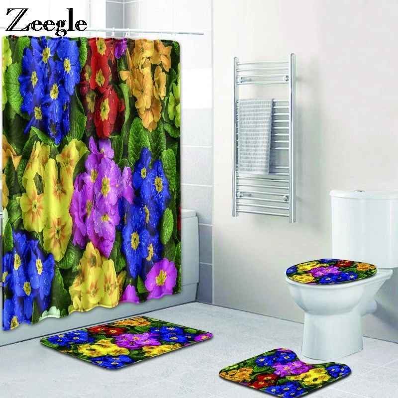 Zeegle Bath Mat Set Waterproof Shower Curtain Washable Bath Rug Toilet Pedestal Rug Anti-slip Bathroom Carpets 4pcs Toilet Set