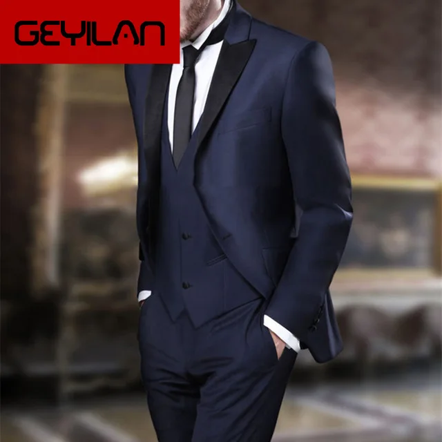 

High Quality Two Button blue Groom Tuxedos Groomsmen Men's Wedding Prom Suits Custom Made men suit 2019 (Jacket+Pants+Vest+Tie)