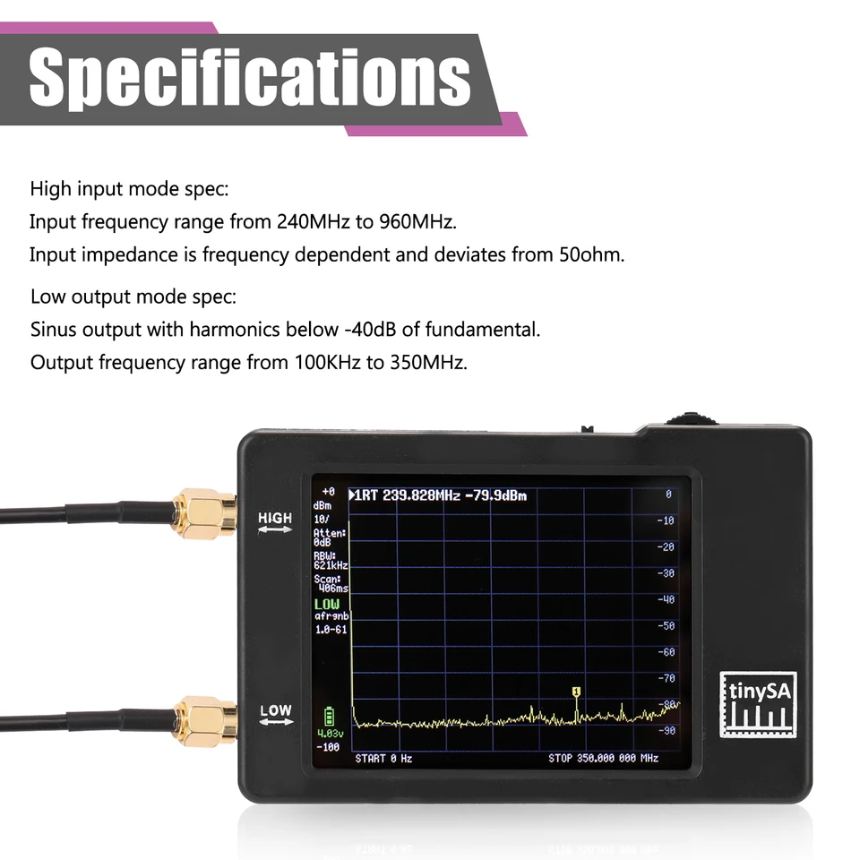 tinySA Handheld Two Inputs Tiny Spectrum Analyzer 2.8 Inch Touching Display Screen Spectrum Analyzers with 100KHz-350MHz Input Frequency Range