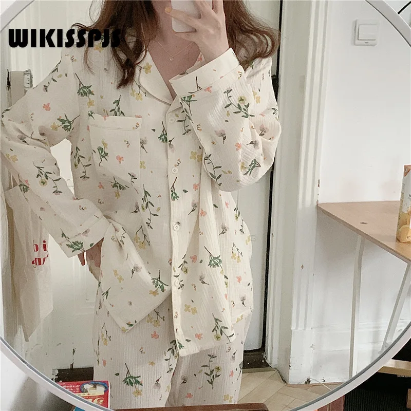 

WIKISSPJS Autumn Winter New Korean Long Sleeved Trousers Pajamas Women Sweet Broken Flower Home Clothes Two Piece Suit Pjs