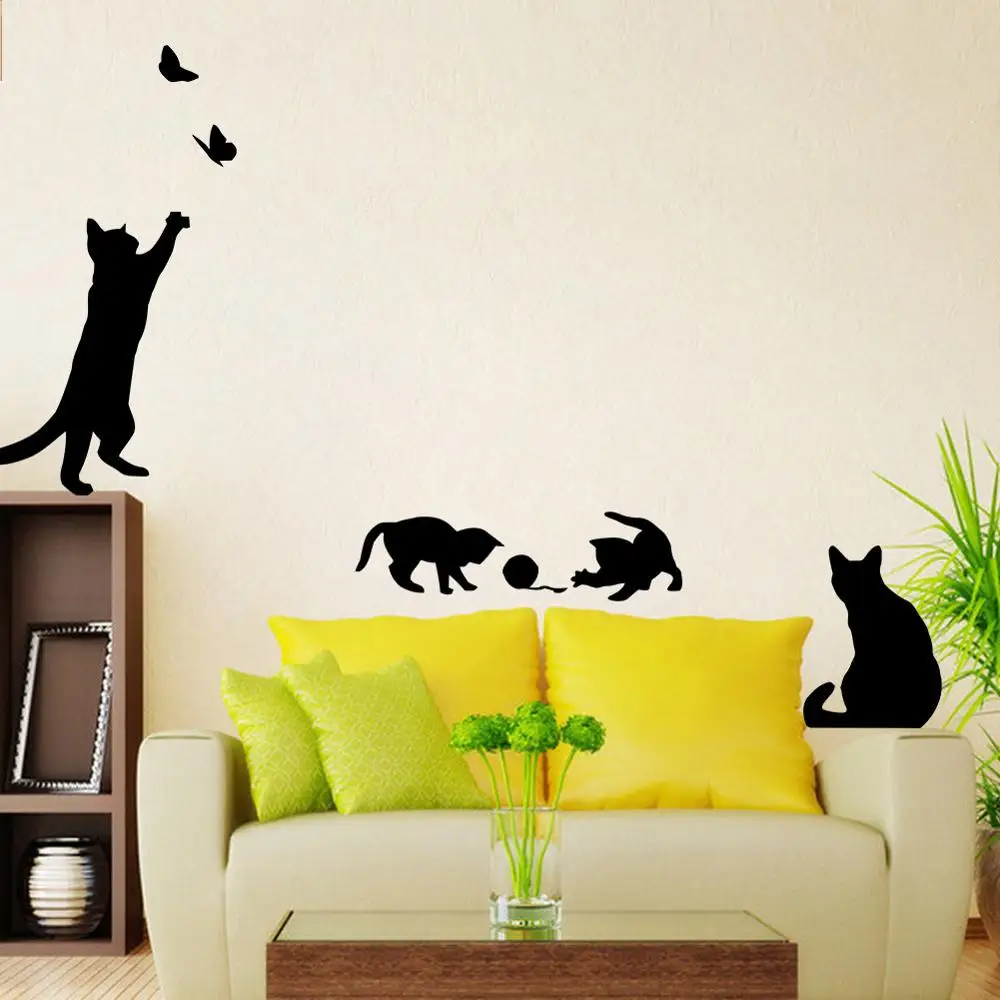 

1 Set/Pack New Arrived Cat play Butterflies Wall Sticker Removable Decoration Decals for Bedroom Kitchen Living Room Walls