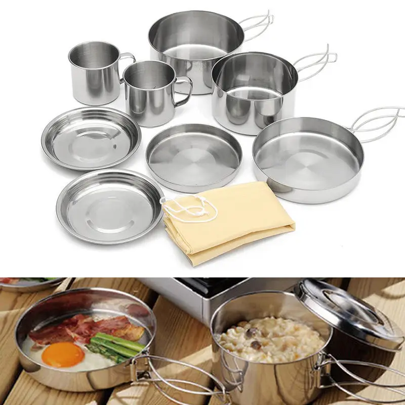 

8Pcs Stainless Steel Camping Cookware Cooking Picnic Bowl Pot Pan Set - Silver for Camping Backpacking Hiking Accessories