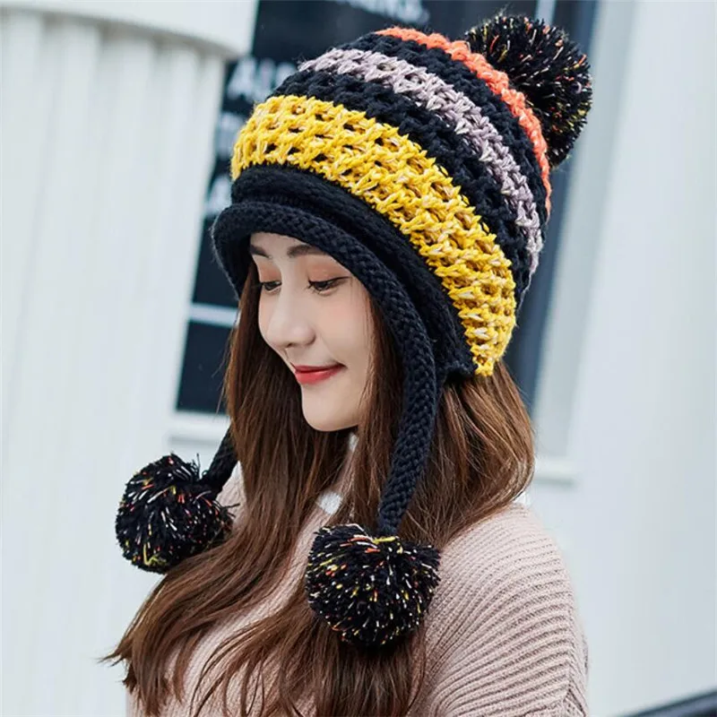 

Winter Womens Stitching Color Wool Hat Fashion Plus Fluff Ball Knit Hat with Earmuffs Warm Hats for Female
