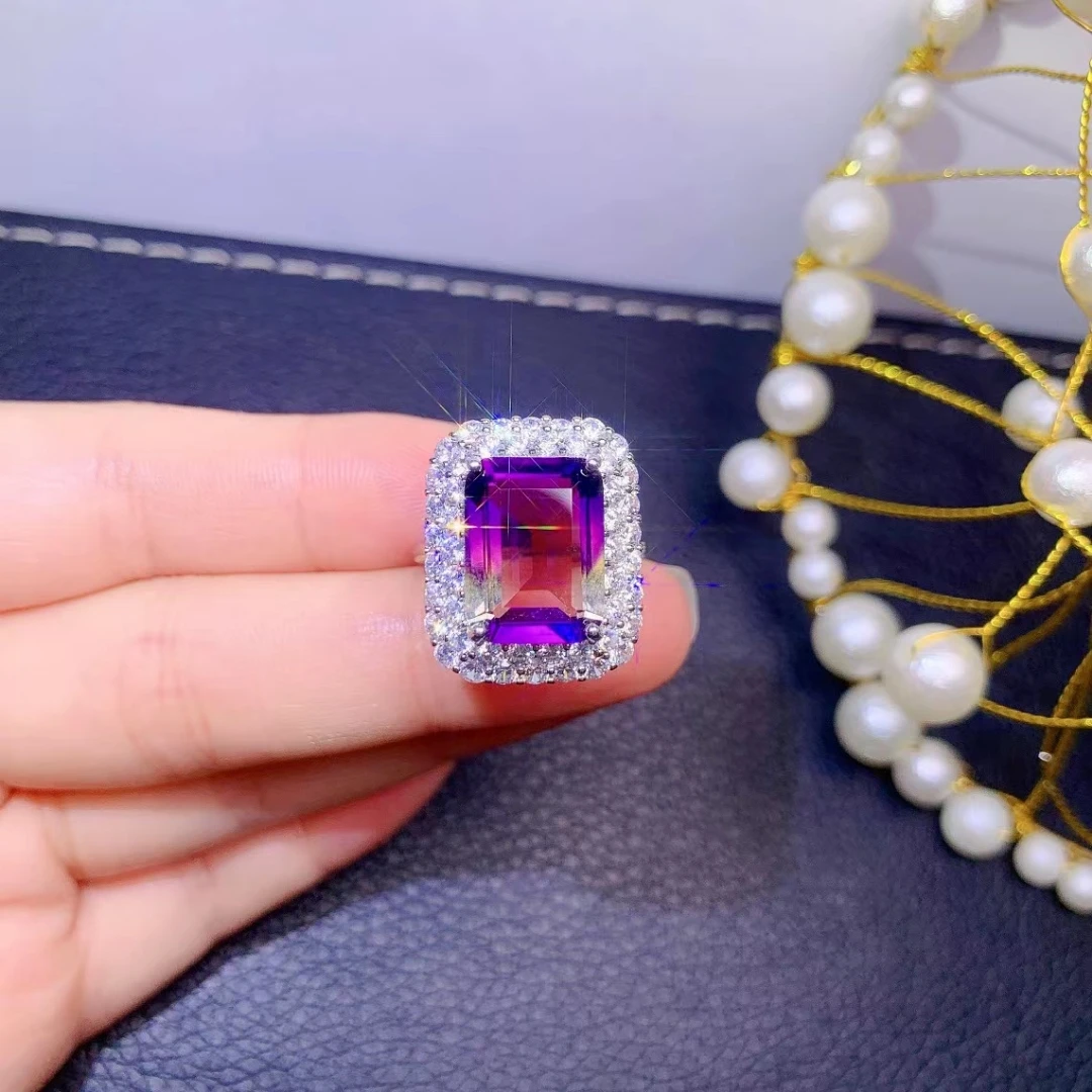 Fine Jewelry 925 Sterling Silver Inset With Gemstone Women's Luxury Vintage Rectangle Ametrine Adjustable Ring Support Detection