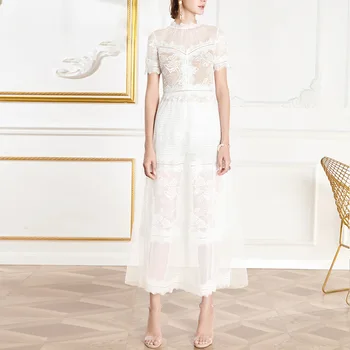 

2020 New Arrival White Sexy Romantic French Runway Designer Short Sleeve Summer Lace Dress High Waist Perspective Long Dress