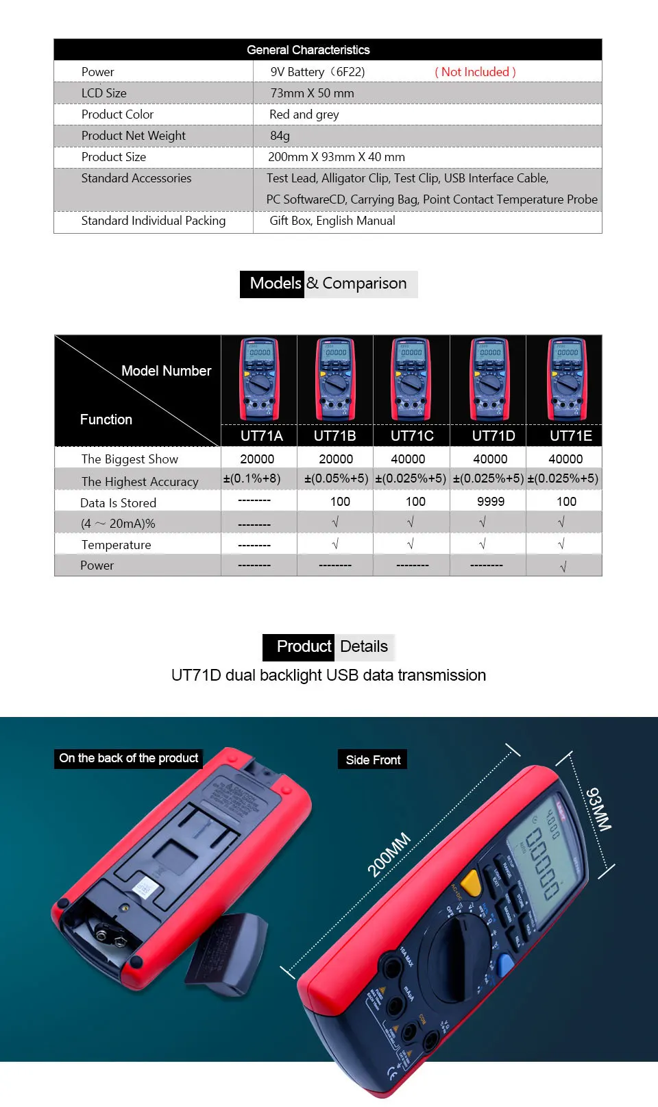 Цифровой мультиметр UNI-T UT71D DC AC напряжение измеритель тока Сопротивление Емкость Частота Temp тест USB интерфейс регистрации данных