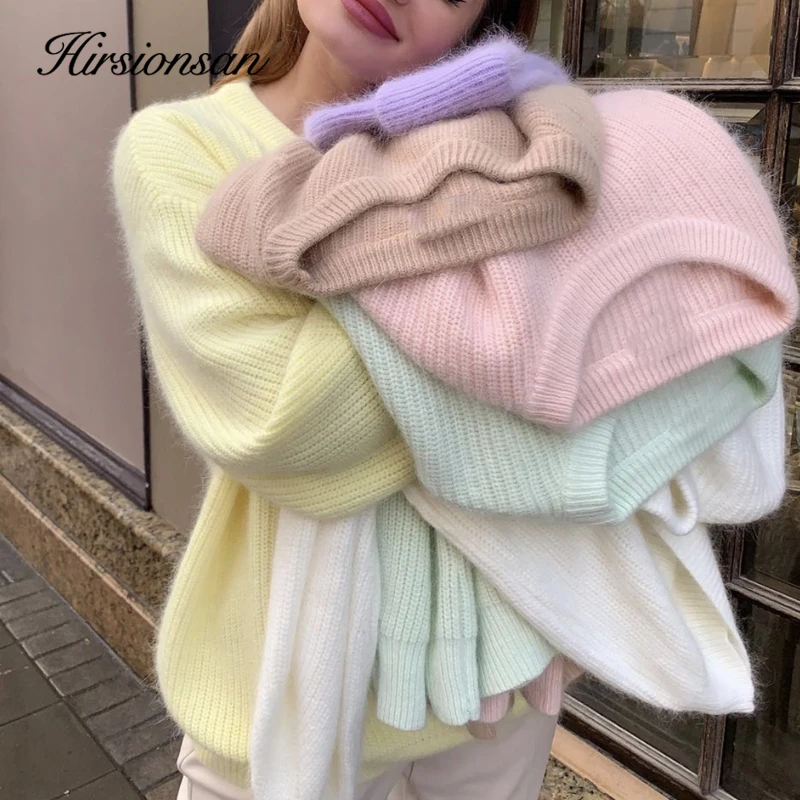 Hirsionsan Soft Loose Knitted Cashmere Sweaters Women 2021 New Winter Solid Female Pullovers Warm Basic Knitwear Jumper | Женская одежда