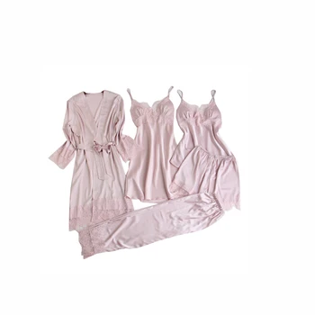 

2020 Autumn Women Silk Pajamas With Chest Pads Sexy Lace Pijama Sleepwear 5 Pieces Spaghetti Strap Satin Pyjamas Femme Homewear