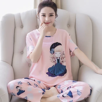 

Home service short sleeve summer cotton pajamas ladies cute cartoon thin trousers large size suit loose soft 2020 new