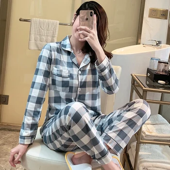 

2020 Autumn Long Sleeve Pajama Sets for Women Casual Plaid Cardigan Sleepwear Suit Loungewear Homewear Pijama Mujer Home Clothes