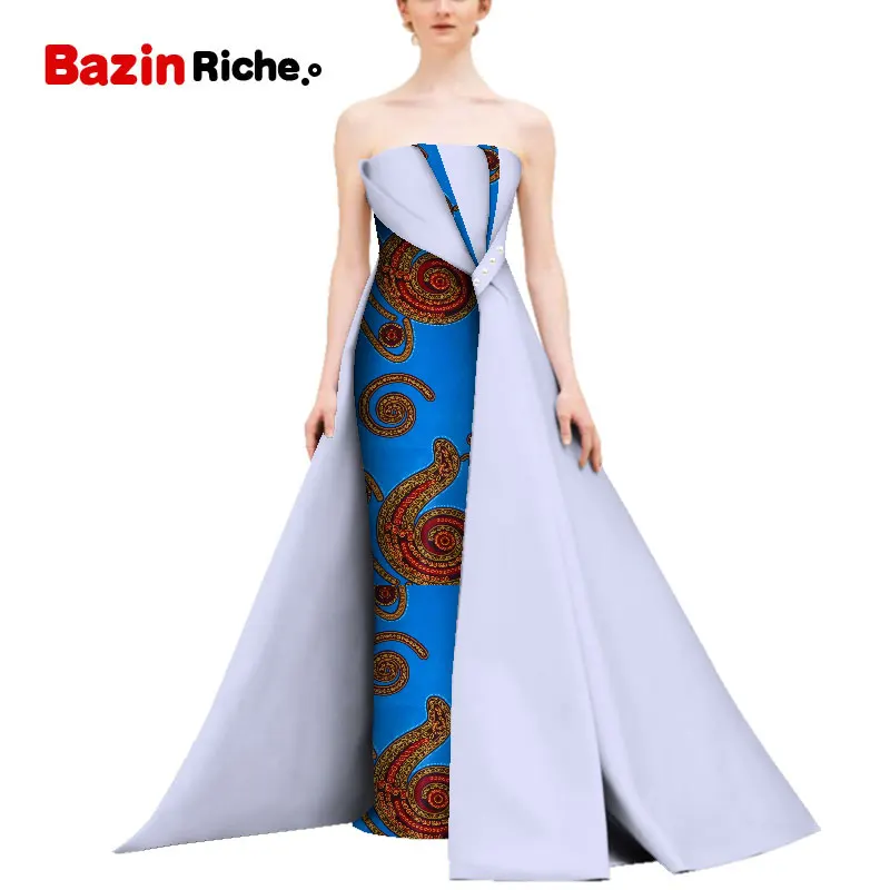 6 Африканский принт длинное платье с русалочкой для Для женщин Bazin Rich от плеча до пола-Длина платья африканский дизайн Костюмы WY5111 - Цвет: 6