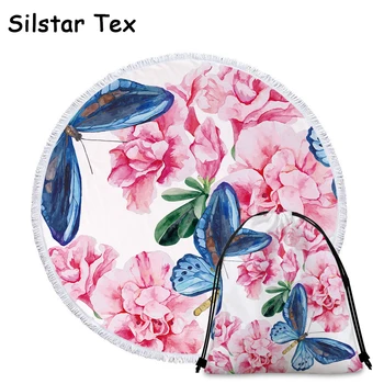 

Silstar Tex Round Beach Towel Butterfly Blue Mystical Pattern Oversized Bath Towel Europe For Girls Blanket Bedside Rug