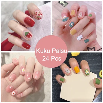 

24Pcs Korean Style Fake Nails Full Cover Finished Patch False Nails Wearable Press On Nail Stickers Extension Tips With Glue