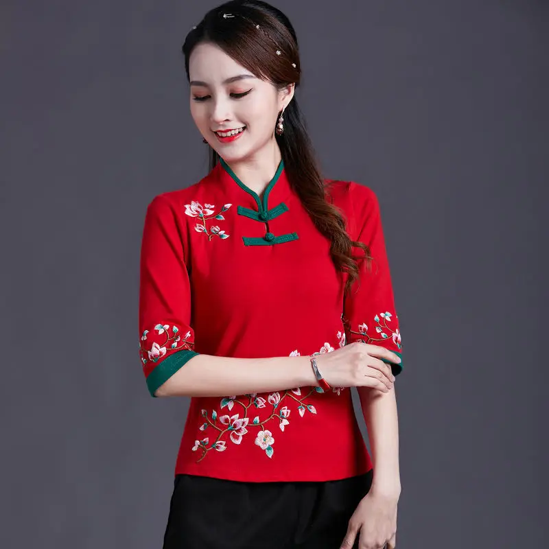 Cheongsam Women's Plus Size Tops Summer Fashion Cotton Embroidery Splicing Stand Collar Chinese Style Qipao Shirts Woman