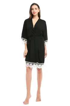 

Women Sexy Night Robe Home Suit Cotton Lace Edge Sleepwear Solid Loose 3/4 Sleeve Knee-length V-neck Nightgown Dress Pejamas