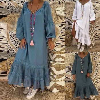 

Beach Dress Womens Holiday Loose Backless Hollow Out V-neck Sexy Summer Pomisi Party Dress For Ladies Long Sleeve Dresses Solid