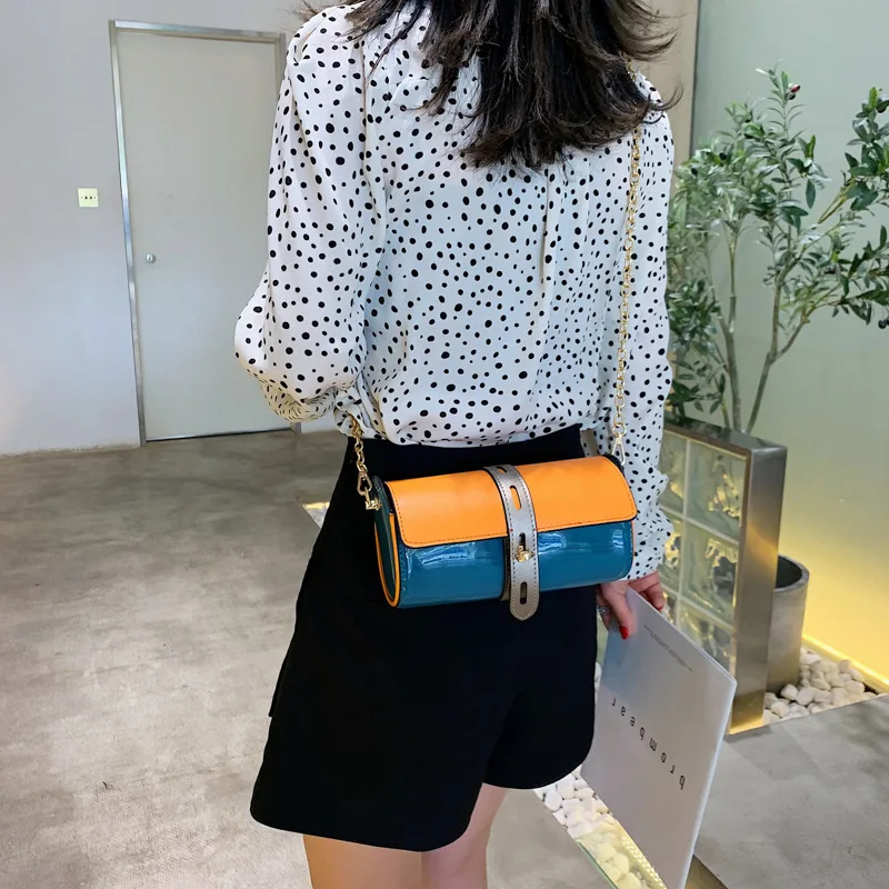 

Small design cylinder bag 2019 summer new fashion color chain wide shoulder strap shoulder bag