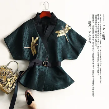 

2019 Autumn Suit Gold Embroidery Pearl Line Belt Bat Sleeve Loose Coat Jacket