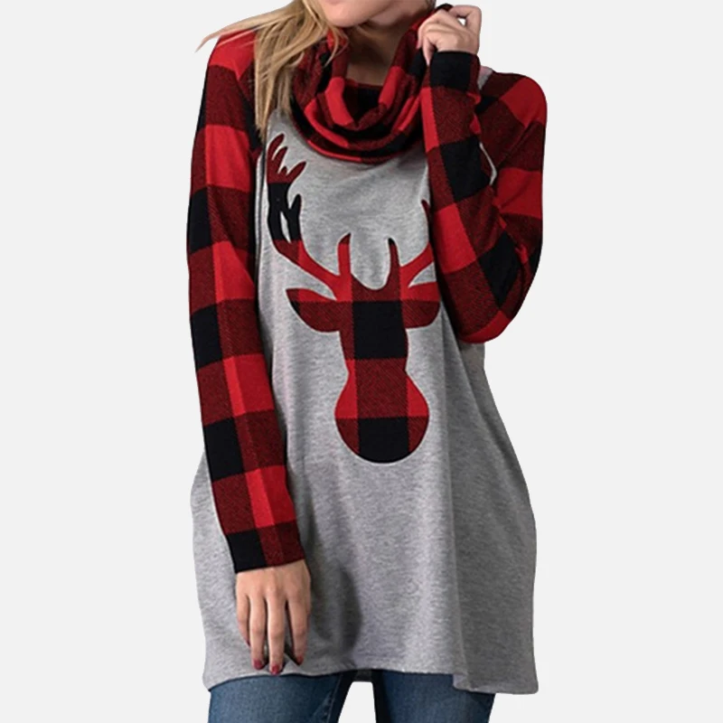 Зимние женские футболки с рисунком рождественского оленя, шарф, воротник, длинный рукав, женская футболка, повседневные модные женские топы