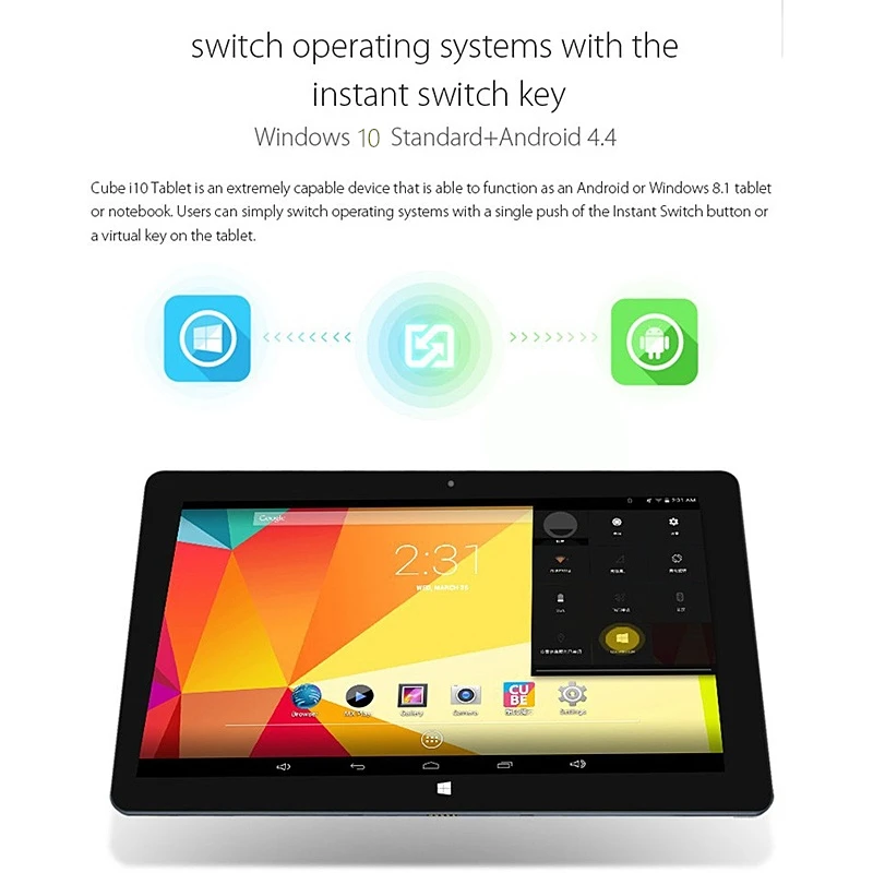 New Arrival 10.6 Inch 2G RAM 32G ROM Dual Boot Cu be i10 Windows 10+Android 4.4 Tablet PC 1366*768 IPS Wifi Dual Cameras cheap tablets