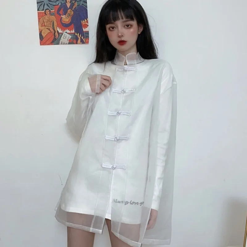 Chinese Style Blouse Harajuku Hanfu Women Clothing China Tops Tang Suit Vintage Net Yarn Transparent Blusas Mujer Streetwear New