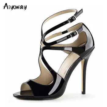 

Aiyoway New Arrival Sexy Peep Toe Shiny Strappy Ankle Strap Sandals Stilettos Heels Silver Gold Patent Leather Woman Summer Shoe